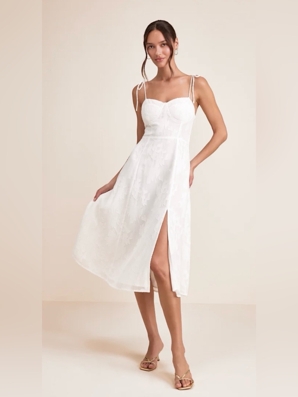 NWT Lulus Loveliest Looks White Floral Jacquard Tie-Strap Midi Dress. Sz X-Large